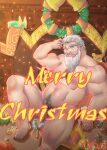  1boy absurdres artist_request bara beard belly censored christmas christmas_wreath completely_nude dwarf facial_hair flaccid foot_out_of_frame foreskin full_beard highres huge_eyebrows large_pectorals long_beard male_focus mature_male merry_christmas muscular muscular_male mustache nipples nude old old_man original pectorals penis plump pointy_ears short_hair sitting solo text_censor thick_chest_hair thick_navel_hair white_hair wreath 