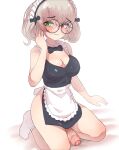  1girl apron bare_arms black_bow black_dress blush bow breasts cleavage dress foreskin futanari glasses green_eyes heterochromia highres light_brown_hair looking_at_viewer maid maid_headdress maplestory ohthicc penis phimosis red_eyes round_eyewear short_hair sitting smile socks solo uncensored waist_apron white_apron white_socks 