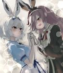  2girls animal_ears black_dress blue_dress bow bowtie brown_eyes brown_hair dress european_hare_(kemono_friends) extra_ears gaga_(gamerakero) hair_over_one_eye highres kemono_friends long_hair mountain_hare_(kemono_friends) multiple_girls rabbit_ears rabbit_girl red_eyes ribbon short_hair simple_background white_hair 