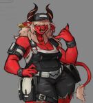 anthro black_nails bovid clothing colored_nails demon desdemona_(fortnite) desdemoona ear_tag epic_games facial_piercing female fortnite fur hair hair_over_eyes hi_res inner_ear_fluff lipstick makeup mammal nails nose_piercing nose_ring overalls piercing red_body red_fur ring_piercing s_miles_art solo tuft