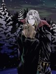  1boy 1girl alucard_(castlevania) animated animated_gif blinking blonde_hair cape castlevania:_symphony_of_the_night castlevania_(series) christmas closed_mouth green_ribbon grel_(r6hgvu5) hair_ribbon long_hair maria_renard ribbon snowing tree white_hair yellow_eyes 