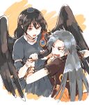  2girls annoyed back_bow black_hair black_wings blue_dress bow brown_shirt commentary_request cropped_torso dress fang feathered_wings feathers fighting grey_hair hair_between_eyes hat himemushi_momoyo hisona_(suaritesumi) holding holding_another&#039;s_arm holding_feather iizunamaru_megumu jewelry long_hair looking_at_another messy_hair multiple_girls open_mouth orange_background orange_bow orange_eyes ring shirt short_sleeves shoulder_guard sleeve_garter sweatdrop tokin_hat touhou turtleneck upper_body wavy_mouth white_background wings wrist_bow 