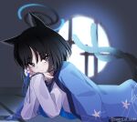 1girl absurdres animal_ears black_eyes black_hair black_sailor_collar blue_archive blue_halo blue_neckerchief blue_string blush bright_pupils cat&#039;s_cradle cat_ears cat_tail closed_mouth halo hand_rest haori highres indoors japanese_clothes kikyou_(blue_archive) kimono_on_shoulders looking_at_viewer lying multiple_tails murasame_(sword_of_nmkr) neckerchief on_stomach sailor_collar sleeves_past_wrists smile solo string_around_neck tail two_tails white_pupils 