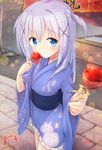  blue_eyes blue_hair candy_apple festival food giving gochuumon_wa_usagi_desu_ka? hair_ornament hairclip japanese_clothes kafuu_chino kimono long_hair looking_at_viewer maruma_(maruma_gic) obi outdoors outstretched_arm sash short_kimono short_yukata solo twintails two_side_up yukata 