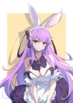  1girl absurdres animal_ears bow bowtie breasts cleavage closed_mouth detached_sleeves dress fake_animal_ears hair_between_eyes headband highres large_breasts original purple_hair red_eyes smile solo straight_hair strapless strapless_dress user_mwzd5355 white_headband 