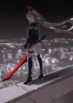  1girl absurdres blonde_hair city city_lights cityscape from_side glowing glowing_eye highres holding holding_sword holding_weapon long_hair looking_at_viewer original qingli_green skyline solo sword twintails very_long_hair weapon 