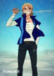  1girl bandages belt black_pants blood blood_on_face blue_background blue_shirt cigarette commentary_request cosplay cowboy_shot hand_in_pocket holding holding_cigarette kuri_(pienu) looking_at_viewer nami_(one_piece) one_piece orange_hair pants sanji_(one_piece) sanji_(one_piece)_(cosplay) shirt short_hair smile solo 
