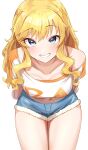  1girl ban_(puka_0507) blonde_hair blue_eyes blush breasts collarbone denim denim_shorts fur-trimmed_shorts fur_trim highres idolmaster idolmaster_cinderella_girls long_hair looking_at_viewer medium_breasts ohtsuki_yui open_mouth orange_shirt shirt shorts smile solo thighs wavy_hair 