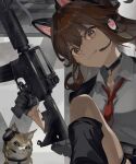  1girl :q animal_ear_headphones animal_ears assault_rifle bawa_(thankyousushi) belt black_collar black_gloves black_jacket black_socks breasts brown_eyes brown_hair cat cat_ear_headphones collar collared_shirt fake_animal_ears gloves gun hair_between_eyes half_gloves hayasaka_mei headphones headset highres holding holding_weapon idoly_pride indoors jacket knee_up kneehighs long_hair long_sleeves looking_at_viewer loose_socks m4_carbine medium_breasts microphone necktie open_clothes open_jacket red_necktie rifle shirt sidelocks socks solo tongue tongue_out upper_body v-shaped_eyebrows weapon white_shirt wing_collar 