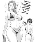  2girls arm_up armpit_crease ass bikini blush breasts brown_hair collarbone covered_nipples cowboy_shot earrings english_text grey_hair greyscale hair_behind_ear highleg jamjamstyle jewelry large_breasts long_hair looking_at_viewer mature_female monochrome multiple_girls navel niijima_makoto niijima_sae parted_lips persona persona_5 short_hair siblings simple_background sisters smile string_bikini swimsuit thighs white_background wide_hips 