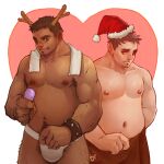  2boys antlers armpit_hair armpit_hair_peek artist_request bara belly bulge christmas dark-skinned_male dark_skin excessive_pubic_hair feet_out_of_frame hat heart heart_background jockstrap large_hands large_pectorals long_sideburns male_focus male_underwear mature_male multiple_boys muscular muscular_male nipples original pectorals plump pubic_hair red_headwear reindeer_antlers santa_costume santa_hat short_hair sideburns sideburns_stubble sparse_arm_hair standing thick_eyebrows thick_navel_hair underwear yaoi 