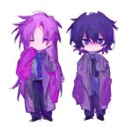  2boys alternate_costume black_necktie black_pants blue_eyes blue_hair blue_necktie chibi closed_eyes coat collared_shirt dark_blue_hair grey_coat grey_shirt hatsutori_hajime highres long_hair male_focus multiple_boys necktie no_mouth no_nose open_clothes open_coat pants parted_bangs pink_hair saibou_shinkyoku shirt simple_background sketch sleeves_past_fingers sleeves_past_wrists utsugi_noriyuki white_background wumingshi26749 