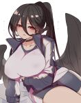  1girl arm_under_breasts black_choker black_hair black_wings blue_archive blue_jacket blue_shorts blush breasts choker collarbone commentary_request double-parted_bangs feathered_wings gym_shirt gym_shorts hair_between_eyes hasumi_(blue_archive) hasumi_(track)_(blue_archive) highres huge_breasts jacket kawamochi_(tddm3573) long_bangs low_wings mole mole_under_eye official_alternate_costume official_alternate_hairstyle open_mouth partially_unzipped ponytail red_eyes shirt shorts simple_background sitting solo sweat white_background white_shirt wings 