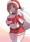  1girl atelier_(series) atelier_ryza belt breasts brown_eyes brown_hair christmas cleavage drawfag fur-trimmed_headwear fur_trim gloves hair_ornament hairclip hat highres holding holding_sack looking_at_viewer open_mouth red_gloves red_shorts red_skirt reisalin_stout sack santa_hat short_hair short_shorts shorts skirt smile solo star_(symbol) thighhighs 