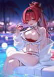  alcohol bikini breasts cleavage collarbone crossed_legs cup drinking_glass heterochromia highres holding holding_cup hololive houshou_marine large_breasts long_hair long_sleeves navel night night_sky open_clothes open_mouth outdoors palm_tree ponytail pool red_bikini red_eyes red_hair ruiuncle sitting sky smile solo swimsuit thigh_strap tree virtual_youtuber wide_sleeves wine wine_glass yellow_eyes 