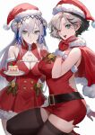  2girls :d animal_ears aqua_eyes bare_shoulders belt black_belt breasts cake capelet christmas_tree_earrings cleavage double_bun dress earrings eating ekao elbow_gloves food food_on_face fork fruit fur-trimmed_capelet fur-trimmed_gloves fur_trim gloves grey_hair hair_between_eyes hair_bun hair_ornament hat highres holding holding_fork holding_plate jewelry kunai_nakasato large_breasts long_hair looking_at_viewer mole mole_on_breast mole_under_mouth multiple_girls mystical_high_collar nijisanji nijisanji_en one_eye_closed open_mouth plate red_capelet red_dress red_gloves red_headwear santa_dress santa_hat short_hair sidelocks simple_background sleeveless sleeveless_dress smile strawberry thighhighs v victoria_brightshield virtual_youtuber white_background x_hair_ornament 