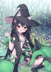  1girl a1352170118 absurdres animal_ear_fluff animal_ears arm_at_side black_capelet black_dress black_hair black_headwear black_thighhighs blush cameltoe capelet cat_ears cat_girl cat_tail day dissolving_clothes dress ears_through_headwear flat_chest frilled_dress frills furrowed_brow grass hair_between_eyes hair_ribbon hand_up hat highres hood hooded_capelet knee_up long_hair looking_at_viewer neck_ribbon no_shoes on_grass open_mouth original outdoors panties plant red_eyes ribbon scared see-through_capelet short_dress sitting sleeveless sleeveless_dress slime_(creature) solo spread_legs straight_hair tail tearing_up tears tentacles tentacles_under_clothes thighhighs underwear wavy_mouth white_panties white_ribbon witch_hat 