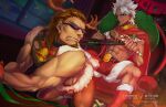  2boys amakusa_shirou_(fate) animal_costume antlers bara brown_hair christmas facial_hair fate/apocrypha fate_(series) goatee highres large_pectorals leash leash_pull male_focus mature_male multiple_boys muscular muscular_male nipples pectorals pet_play reindeer_antlers reindeer_costume santa_costume shishigou_kairi short_hair sled sunglasses thick_eyebrows toned toned_male vimen64411282 yaoi 