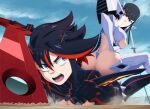  ass black_hair blue_sky blunt_bangs breasts clenched_hands commentary english_commentary fang fighting foreshortening grey_eyes highres junketsu kill_la_kill kiryuuin_satsuki large_breasts long_hair looking_at_another lying matoi_ryuuko multicolored_hair on_stomach outdoors ravenravenraven red_hair revealing_clothes scissor_blade_(kill_la_kill) senketsu short_hair siblings sisters sky streaked_hair thighhighs white_thighhighs 