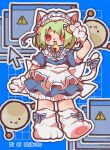  1girl absurdres animal_ears animal_feet animal_hands apron arrow_(symbol) bell blue_background blue_dress blue_ribbon cat_ears cat_girl cat_tail creature dejiko di_gi_charat dress frilled_dress frills full_body gema green_hair hair_bell hair_ornament highres jingle_bell looking_at_viewer maid maid_apron maid_headdress medium_hair neck_bell neck_ribbon nikamoka no_pupils open_mouth red_eyes ribbon short_sleeves sign solo standing tail tail_ornament tail_ribbon v waist_apron warning_sign window_(computing) 