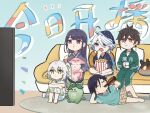  2boys 3girls :t ahoge arm_support barefoot black_hair blue_eyes blue_hair bottle brown_eyes brown_hair chibi closed_eyes closed_mouth cross-shaped_pupils cup drinking eating elbow_rest food furina_(genshin_impact) genshin_impact green_hair grey_hair hair_between_eyes hand_on_own_cheek hand_on_own_face head_rest highres holding holding_bottle holding_cup indoors jacket knees_up long_hair long_sleeves looking_at_object lying motion_lines multicolored_hair multiple_boys multiple_girls nahida_(genshin_impact) nightgown on_side open_mouth pajamas pants parted_bangs popcorn purple_eyes purple_hair raiden_shogun short_hair side_ponytail sitting slime_(genshin_impact) symbol-shaped_pupils television track_jacket track_pants track_suit two-tone_hair venti_(genshin_impact) watching_television white_hair xinzoruo yae_miko yae_miko_(fox) zhongli_(genshin_impact) 