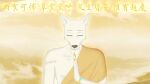 16:9 absurd_res beastars buddhism canid canine canis cloth cloud digital_media_(artwork) eyes_closed fog fur half_clothed half_naked hi_res legoshi_(beastars) light male mammal monk mountain photo_background photography_(artwork) rosary short_fur simple_background solo white_body white_fur widescreen wolf xdzy111 yellow_background