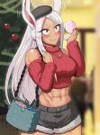  1girl abs animal_ears bag bare_shoulders beret black_headwear black_shorts blurry blurry_background blush boku_no_hero_academia book box braid braided_bangs breasts christmas_tree clenched_hand crop_top cropped_sweater dark-skinned_female dark_skin detached_sleeves gift gift_box hands_up harurukan hat holding holding_bag holding_compact jewelry large_breasts long_eyelashes long_hair looking_at_object midriff mirko muscular muscular_female nail_polish navel necklace parted_bangs pendant rabbit_ears rabbit_girl red_eyes red_nails red_sleeves red_sweater ribbed_sleeves ribbed_sweater short_shorts shorts solo sweater thighs turtleneck turtleneck_sweater very_long_hair wavy_mouth white_hair 