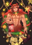  1boy absurdres animal_costume axe bara censored christmas christmas_wreath cropped_torso hat highres holding holding_axe large_pectorals looking_at_viewer lzl_(xiayang) male_focus mature_male mosaic_censoring muscular muscular_male navel navel_hair original pectorals red_headwear reindeer_costume santa_costume santa_hat short_hair smile solo suspenders thick_eyebrows wreath 