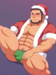  1boy abs bara beard briefs brown_hair bulge christmas come_hither covered_penis facial_hair feet_out_of_frame full_beard green_male_underwear hat large_pectorals male_focus male_pubic_hair male_underwear mature_male muscular muscular_male navel nipples original pectoral_cleavage pectorals presenting pubic_hair purple_background red_headwear santa_costume santa_hat shinohe_(4454649) short_hair solo spread_legs stomach thick_beard thick_eyebrows thick_thighs thighs underwear v-shaped_eyebrows 