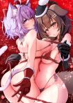  2girls ahoge animal_ears asymmetrical_docking bikini black_gloves blush bound breast_press brown_eyes brown_hair cat_ears cat_girl cat_tail commentary_request dog_ears dog_girl dog_tail embarrassed fur-trimmed_gloves fur_trim gloves highres hololive inugami_korone kajimakoto looking_at_viewer micro_bikini multiple_girls navel nekomata_okayu paid_reward_available purple_eyes purple_hair red_background red_bikini red_gloves ribbon ribbon_bondage santa_costume short_hair side-tie_bikini_bottom string_bikini swimsuit tail thigh_straddling virtual_youtuber 