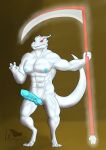 absurd_res anthro auxen big_penis blue_nipples blue_penis bodily_fluids genital_fluids genitals heterochromia hi_res holding_scythe horn ixthyria knot kobold male muscular muscular_male nipples nude penis precum ridged_penis smile smiling_at_viewer smirk smirking_at_viewer solo standing tail thick_tail white_body