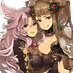  animal_ears breast_press breasts brown_hair cat_ears catherine_(granblue_fantasy) erune eyebrows eyebrows_visible_through_hair granblue_fantasy hair_ornament kuzuno_ha large_breasts long_hair metera_(granblue_fantasy) mole mole_under_mouth multiple_girls parted_lips pink_hair simple_background smile tongue tongue_out white_background 