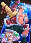  1boy 2020 bara bare_pectorals belly bulge christmas dildo fake_beard fake_facial_hair from_below gift gift_wrapping hat highres holding holding_gift holding_sex_toy incoming_gift kuma_gororo large_pectorals male_focus merry_christmas muscular muscular_male navel navel_hair night night_sky nipples one_eye_closed original pectorals plump red_headwear santa_costume santa_hat sex_toy short_hair shorts sky smile solo spread_legs thick_eyebrows undercut 