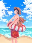  2boys :d aco_peda beach black_eyes black_hair blue_sky day feet_out_of_frame full_body hat highres innertube looking_at_viewer male_focus male_swimwear monkey_d._luffy multiple_boys ocean one_piece outdoors reindeer san_(mononoke_hime) scar scar_on_cheek scar_on_face short_hair sky smile straw_hat swim_trunks tony_tony_chopper topless_male water 