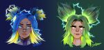  2girls absurdres bandaid bandaid_on_face blonde_hair blue_eyes blue_hair electricity freckles glowing glowing_eyes glowing_hair gradient_background gradient_hair green_eyes green_hair heyitsruuuu highres league_of_legends multicolored_hair multiple_girls neon_(valorant) parted_bangs twintails valorant zeri_(league_of_legends) 