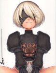  1girl 2b_(nier:automata) biting_own_lip black_sleeves blindfold breasts cleavage cleavage_cutout clothing_cutout leotard long_sleeves mole mole_under_mouth nier:automata nier_(series) omar_dogan pink_lips puffy_long_sleeves puffy_sleeves short_hair simple_background sitting solo teeth white_background white_hair 