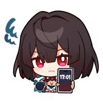  1girl angry bright_pupils brown_hair chibi chinese_clothes closed_mouth colored_inner_hair english_commentary gloves holding holding_phone honkai:_star_rail honkai_(series) looking_at_viewer multicolored_hair official_art phone pointing red_eyes red_hair short_hair solo transparent_background upper_body white_pupils xueyi_(honkai:_star_rail) 