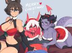  1boy 3girls artist_name bare_shoulders breasts collarbone colored_skin demon_girl demon_horns demon_tail dress english_commentary hair_between_eyes highres horns large_breasts li_(rob_ishi) looking_at_viewer merry_christmas multiple_girls nelu_(rob_ishi) original pants pointy_ears rae_(rob_ishi) red_skin rob_ishi santa_dress short_hair smile tail thighhighs white_hair 