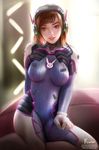  bodysuit brown_hair d.va_(overwatch) firolian headphones highres looking_at_viewer overwatch parted_lips pilot_suit realistic smile solo 