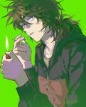  1boy absurdres black_jacket brown_hair cigarette fire green_background green_eyes highres holding holding_cigarette holding_lighter hood hood_down hooded_jacket isoi_reiji iuew jacket lighter lighting_cigarette male_focus medium_hair saibou_shinkyoku sanpaku shirt simple_background thick_eyebrows upper_body yellow_shirt 