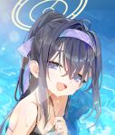  1girl :d absurdres bare_shoulders bikini black_bikini black_hair blue_archive blue_eyes blush breasts day h1ran0o0 hair_between_eyes hairband halo highres looking_to_the_side low_twintails open_mouth outdoors ponytail purple_hairband small_breasts smile solo swimsuit twintails ui_(blue_archive) ui_(swimsuit)_(blue_archive) upper_body water 