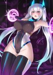  1girl blue_eyes blush breasts highleg highleg_leotard highres impossible_clothes impossible_leotard kutan large_breasts leotard magic_circle open_mouth original restrained slime_(substance) solo tentacles thighhighs twintails white_hair 