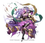  1girl armor bare_shoulders breasts camilla_(alluring_darkness)_(fire_emblem) camilla_(fire_emblem) cleavage copyright_name detached_sleeves dress fire_emblem fire_emblem_fates fire_emblem_heroes frilled_dress frills full_body gloves hair_over_one_eye large_breasts long_hair looking_at_viewer official_alternate_costume okuma_mai pantyhose purple_eyes purple_gloves purple_hair purple_pantyhose smile solo tiara torn_clothes torn_pantyhose very_long_hair wavy_hair 