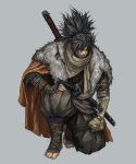  1boy aged_up alternate_costume armor beard cape closed_eyes facial_hair full_body fur_cape grey_background grey_hair guillem_dauden hand_on_own_knee highres japanese_armor japanese_clothes katana kneeling kote male_focus mechanical_arms messy_hair ninja on_one_knee ponytail scarf sekiro sekiro:_shadows_die_twice sheath simple_background single_mechanical_arm solo sword weapon weapon_on_back 