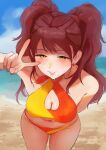  1girl absurdres bare_shoulders beach bikini blue_sky breasts brown_eyes brown_hair cleavage cleavage_cutout clothing_cutout earrings highres jewelry kujikawa_rise leaning_forward looking_at_viewer n7grey persona persona_4 sand sky smile sweat swimsuit twintails v 
