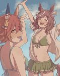  2girls alternate_costume animal_ears arms_up bare_shoulders bikini bikini_skirt blue_bikini blue_sky blush brown_hair cloud cloudy_sky clover_hair_ornament commentary_request cowboy_shot daruma_doll ear_covers ear_ornament flipped_hair four-leaf_clover_hair_ornament green_bikini hair_between_eyes hair_ornament hairclip highres hood hood_down hoodie horse_ears horse_girl horse_tail masayan_0904 matikane_tannhauser_(umamusume) matikanefukukitaru_(umamusume) multicolored_hair multiple_girls open_mouth orange_eyes orange_hair outdoors single_ear_cover sky sleeves_rolled_up smile streaked_hair swimsuit tail teeth umamusume upper_teeth_only white_hair white_hoodie 