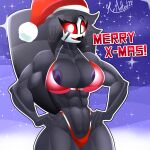 1:1 2022 4_fingers abs absurd_res anthro areola avian avian_demon beak bikini bird christmas clothing eyebrows female fingers hair helluva_boss hi_res holidays looking_at_viewer merry_christmas mrmelted muscular muscular_anthro muscular_female octavia_(helluva_boss) open_mouth owl owl_demon purple_areola raised_eyebrow red_sclera snow snowing solo swimwear tail