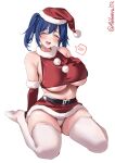  1girl alternate_costume blue_hair blush breasts christmas closed_eyes crop_top ebifurya elbow_gloves fur-trimmed_headwear fur_trim gloves hair_ribbon hand_on_own_chest hat highres kantai_collection large_breasts merry_christmas open_mouth panties red_gloves red_shirt red_skirt ribbon santa_costume santa_hat shirt sitting skirt smile solo souryuu_(kancolle) sweatdrop thighhighs twintails twitter_username underboob underwear wariza white_panties white_thighhighs 