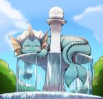  animal_focus blue_skin blue_sky closed_eyes closed_mouth cloud colored_skin english_commentary fins forked_tail fountain head_fins highres no_humans otakuap poke_ball_symbol pokemon pokemon_(creature) sky tail tree vaporeon water 