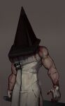  1boy arms_at_sides blood blood_on_clothes blood_on_hands brown_background cowboy_shot dark_background from_below gloves helmet highres holding male_focus monster_boy muscular muscular_male nanadagger pyramid_head silent_hill_(series) silent_hill_2 simple_background solo sword thick_arms veins veiny_arms weapon white_gloves 